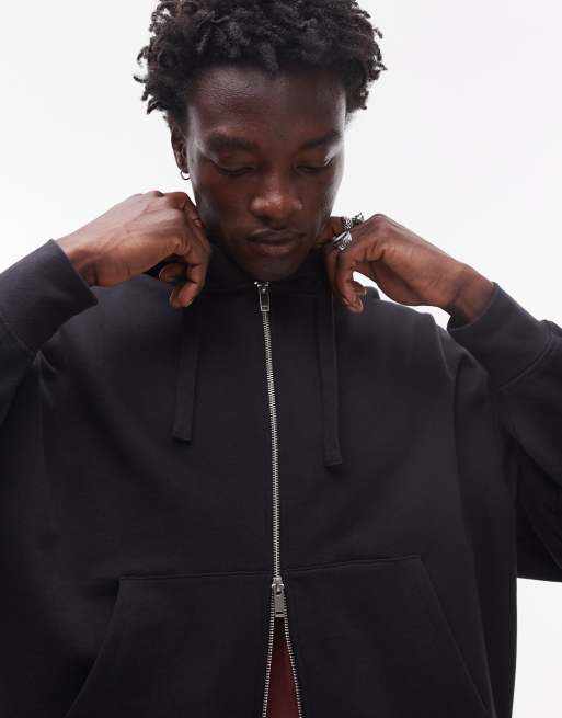 Topman - Sort og oversized hættetrøje i kraftigt materiale med lynlås, 3 af 4