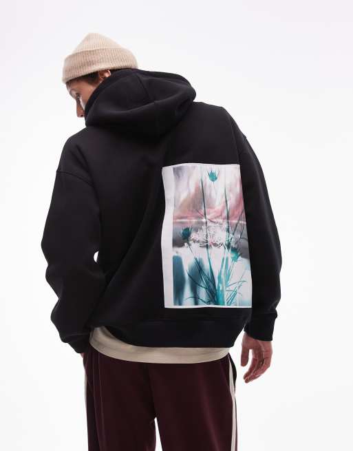 Topman - Sort oversized hættetrøje med blomsterprint foran og bagpå
