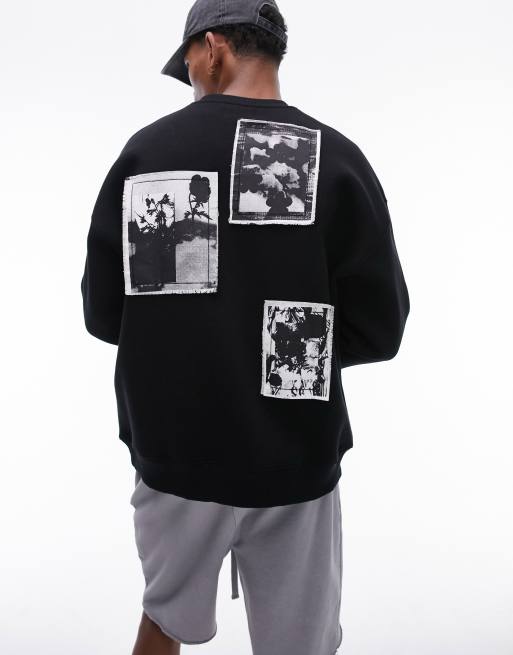Topman - Sort oversized sweatshirt med lapper foran og bagpå