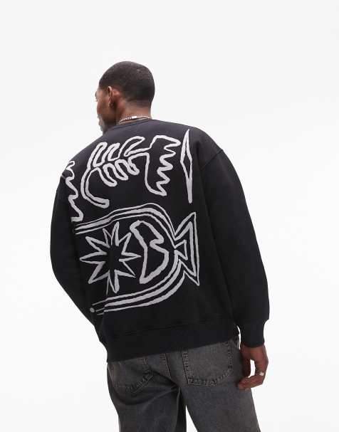 Topman - Sort oversized sweatshirt med tekstureret print med abstrakt motiv foran og bagpå - view 1