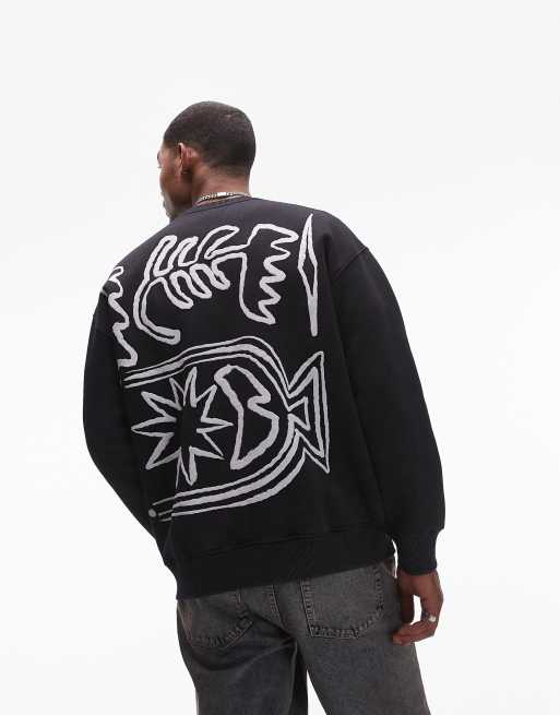 Topman - Sort oversized sweatshirt med tekstureret print med abstrakt motiv foran og bagpå