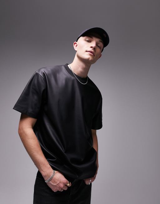Topman - Sort oversized T-shirt i imiteret læder