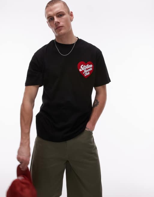 Topman - Sort oversized T-shirt med broderet hjertemærke med 'Stolen Hearts Club'-tekst