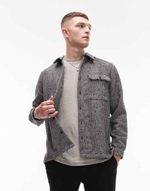 Topman - Sort overskjorte med lange ærmer og sildebensmønster i regular fit
