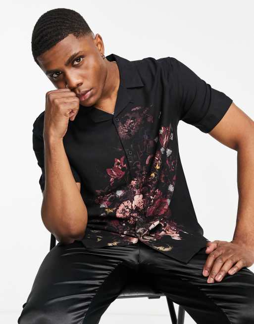 Topman - Sort skjorte med blomsterprint 