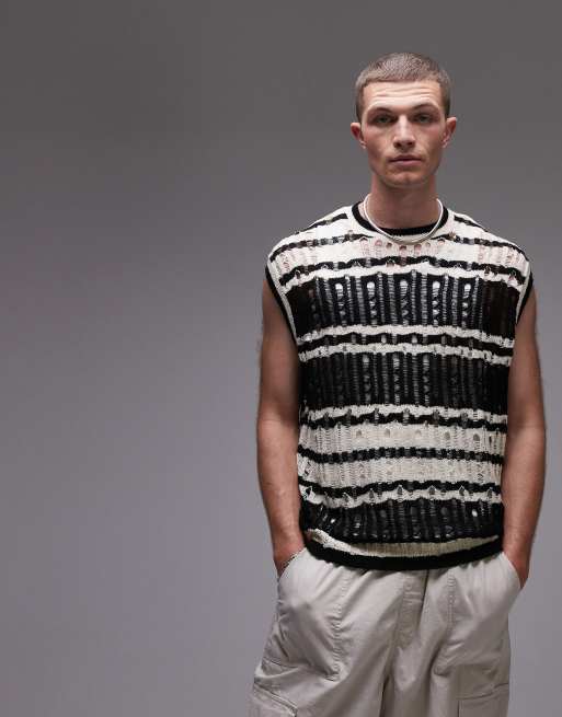 Topman - Sort-strikket tanktop med slitage i afslappet pasform