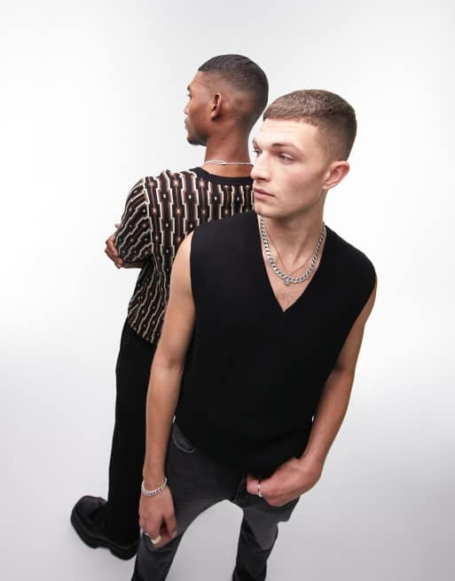 Topman - Sort-strikket tanktop med V-hals