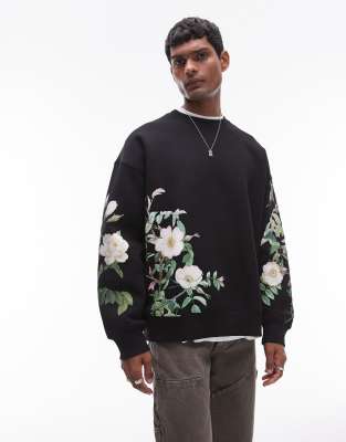Topman - Sort sweatshirt i oversized pasform med gennemgående blomsterprint