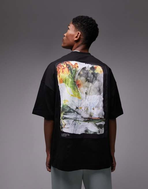 Topman - Sort T-shirt i ekstremt oversized fit med broderet patch-print foran og bagpå med frosne blomster