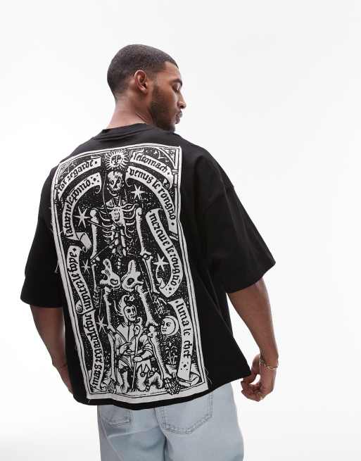 Topman - Sort T-shirt i ekstremt oversized pasform med skelet-stjernetegnsprint foran og bagpå