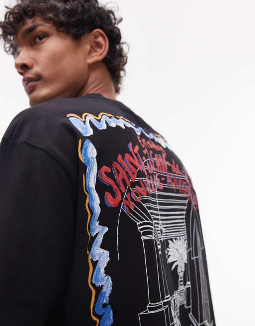 Topman - Sort T-shirt med fransk plakatprint foran og bagpå i afslappet pasform, 3 af 4
