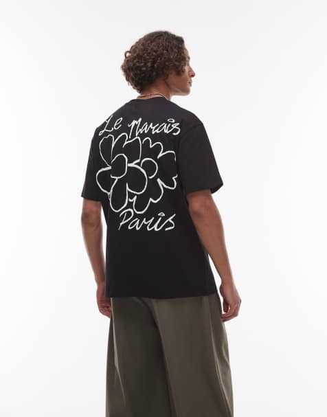 Topman - Sort T-shirt med hævet 'Le Marais'-print foran og bagpå i afslappet pasform - view 1