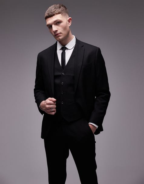 Topman - Sort, tekstureret habitjakke med stretch i Slim Fit - view 1