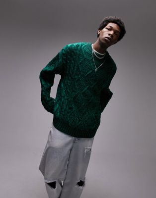 Topman space dye cable jumper with wool in green