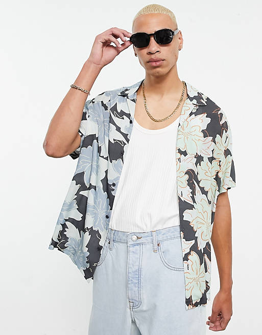 Men Topman splice floral shirt in blue and green 