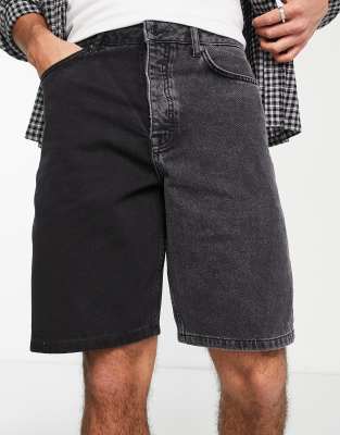 Topman Spliced Straight Denim Short In Washed Black