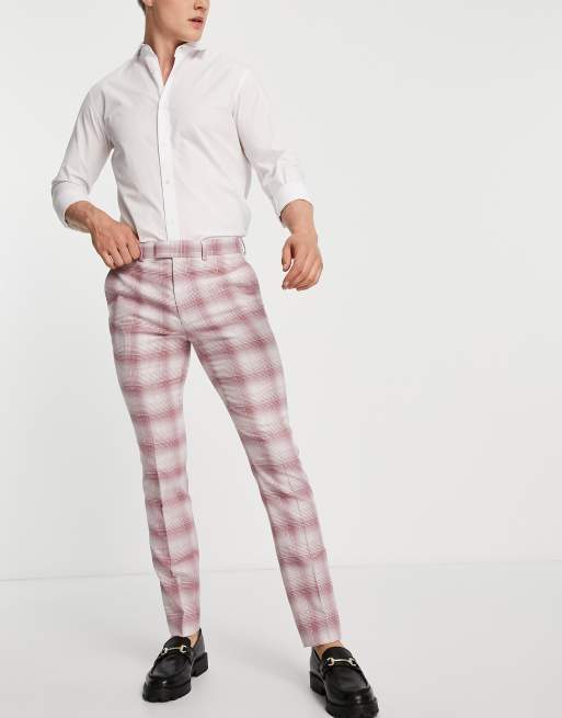 Topman – Różowy dwurzędowy garnitur o obcisłym kroju w kratę, 2 z 3