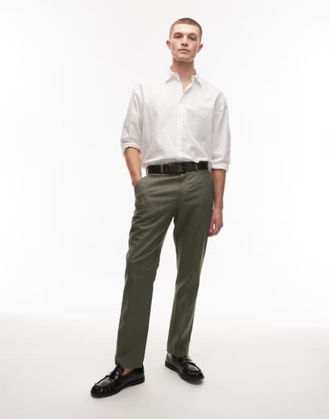 Topman straight fit linen blend suit trouser in khaki