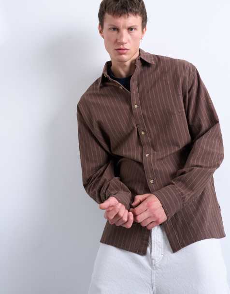 Topman oversized fit stripe oxford shirt in washed brown