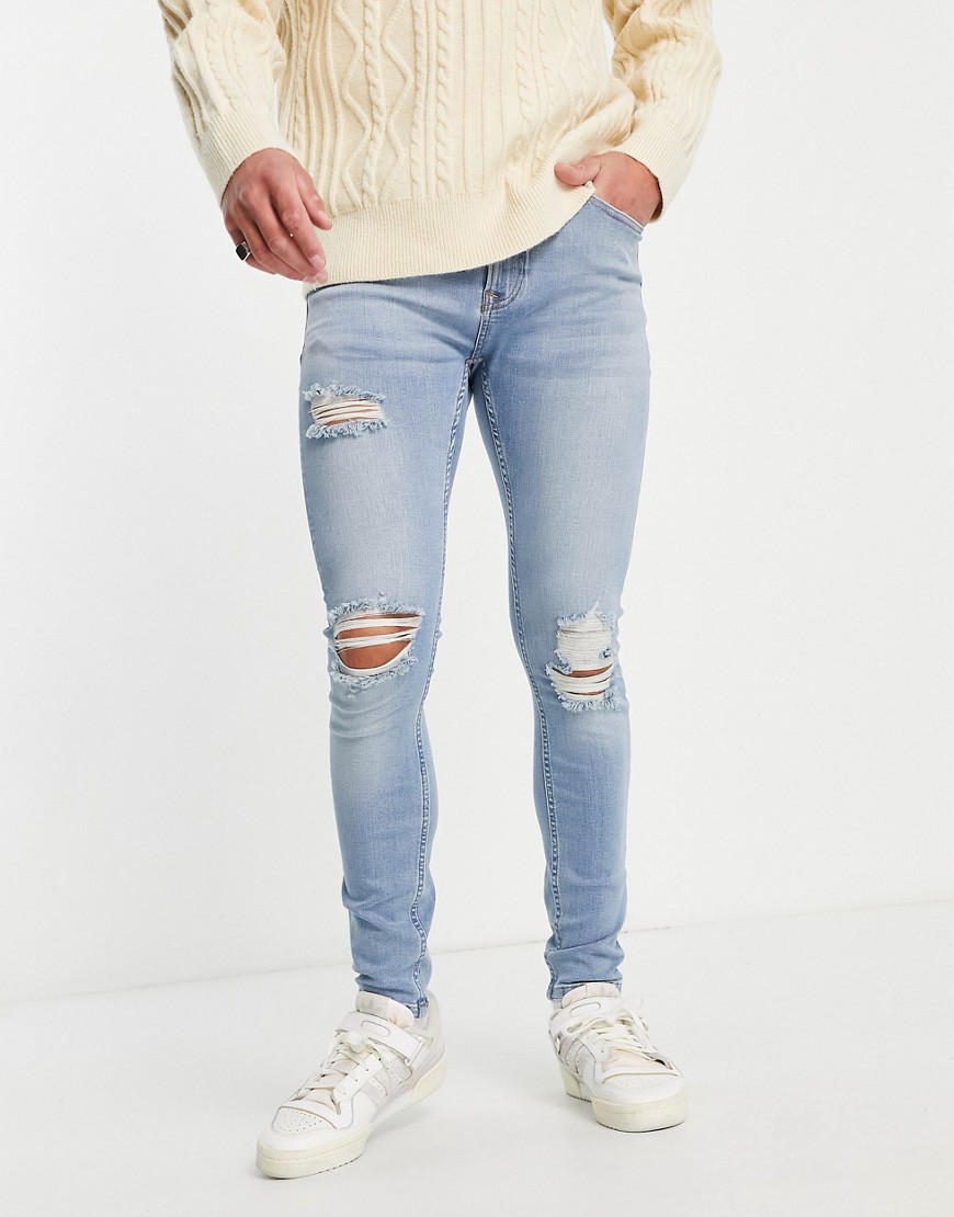 Topman - Spray-on jeans met scheuren in lichte wassing-Blauw