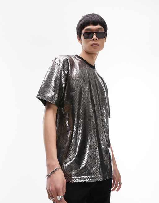 Topman – Srebrny T-shirt oversize o wyglądzie łuski z metalicznym wykończeniem