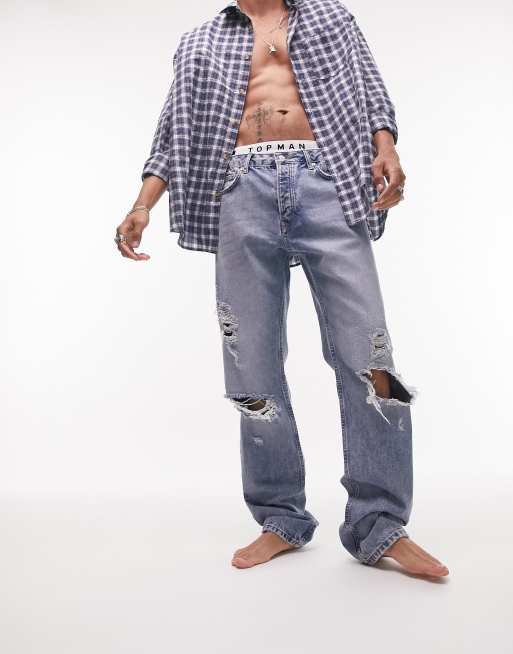 Topman – Stacker – Mellanblå, raka jeans med revor 