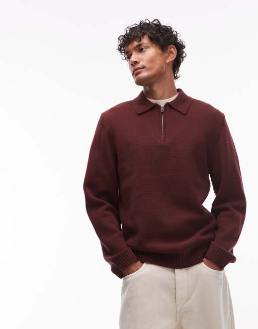 Topman – Standard Fit Polohemd in Dunkelrot mit Reißverschluss