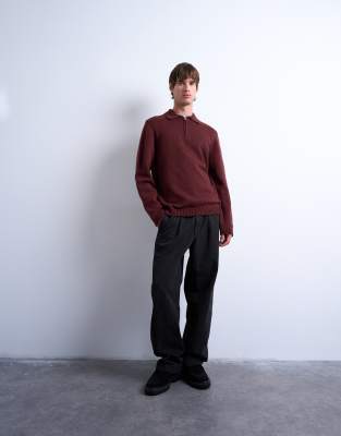 Topman Standard Fit Zip Polo In Burgundy