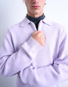 Model wearing Standard fit zip polo in lilac