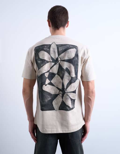 Topman – Stenfärgad, avslappnad t-shirt med blommigt tryck fram- och baktill , 2 av 5
