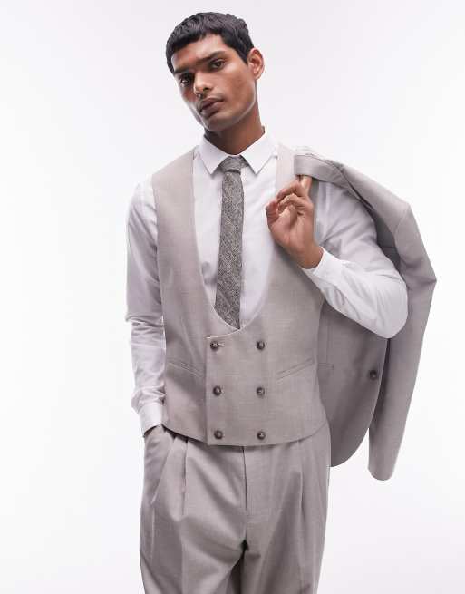 Topman – Stenfärgad kostymväst av linnemix med smal passform