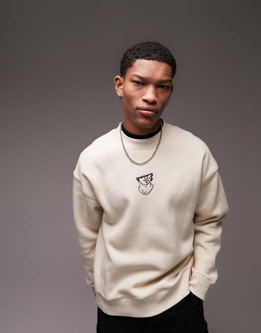 Topman – Stenfärgad oversize-sweatshirt med broderad staty 
