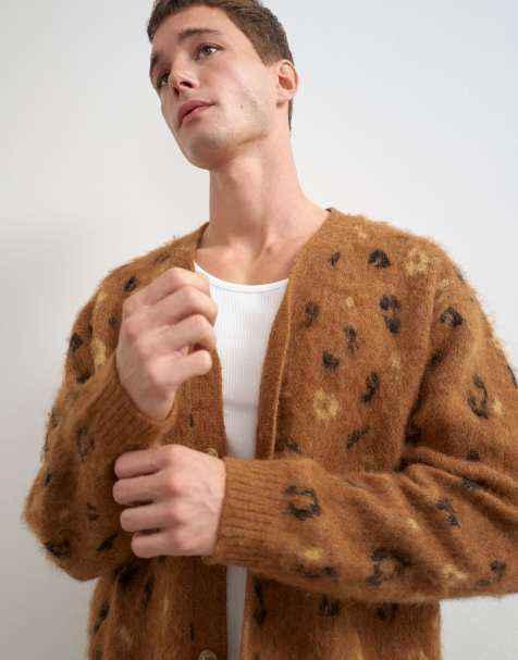 Topman stickad kofta med avslappnad passform och leopardmönster i beige - view 1