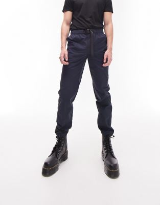 Topman Topman straight belted cargo trousers with seam detail in navy