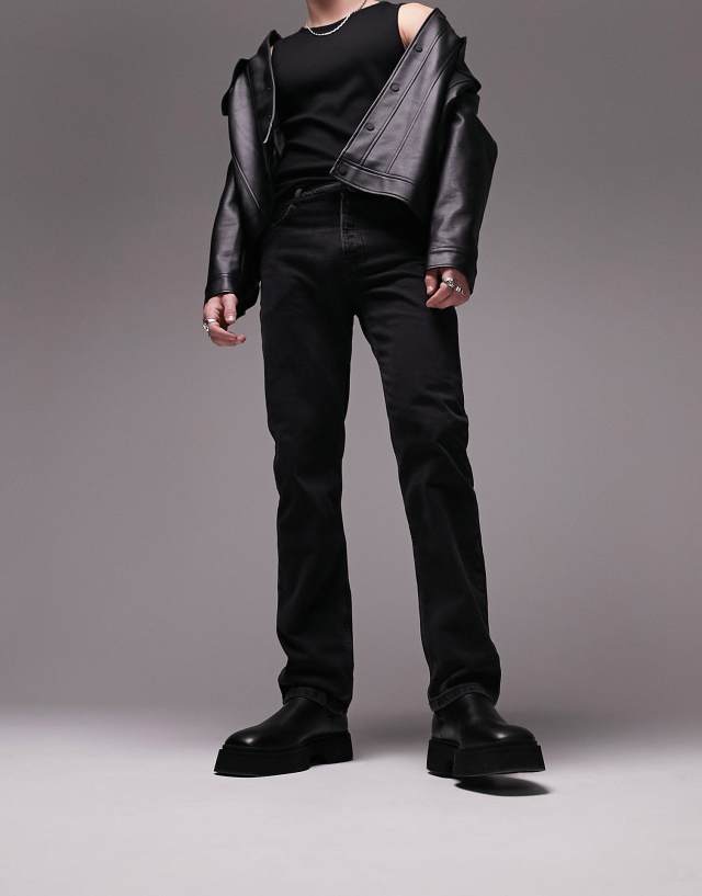 Topman straight belted jeans in washed black