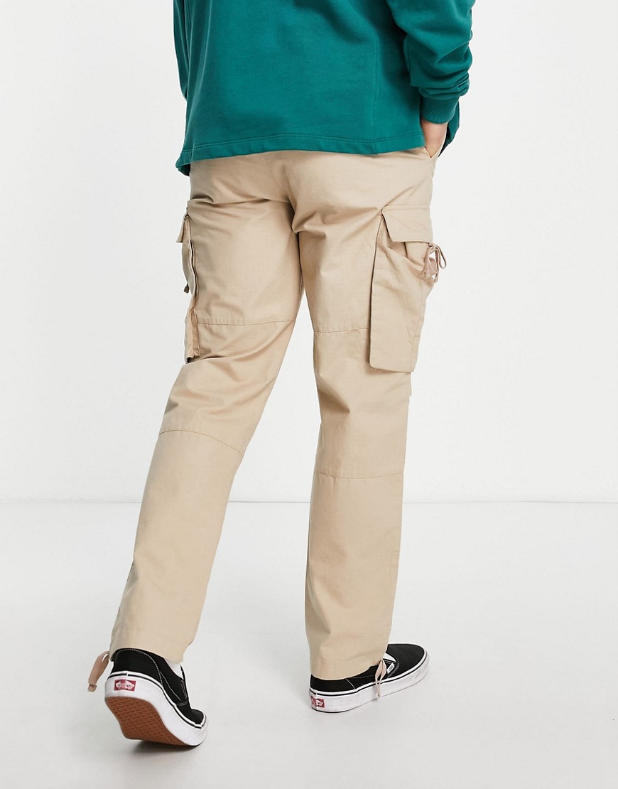Topman straight cargo pants with adujsters in stone-Neutral