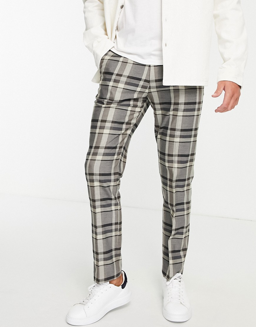 Topman straight check pant in stone-Neutral