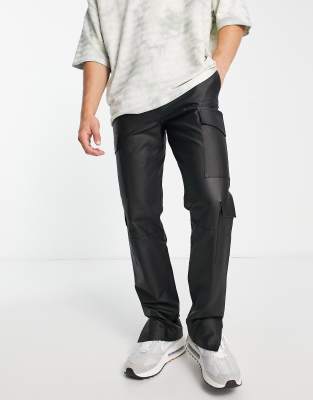 Topman Straight Faux Leather Cargo Pants In Black