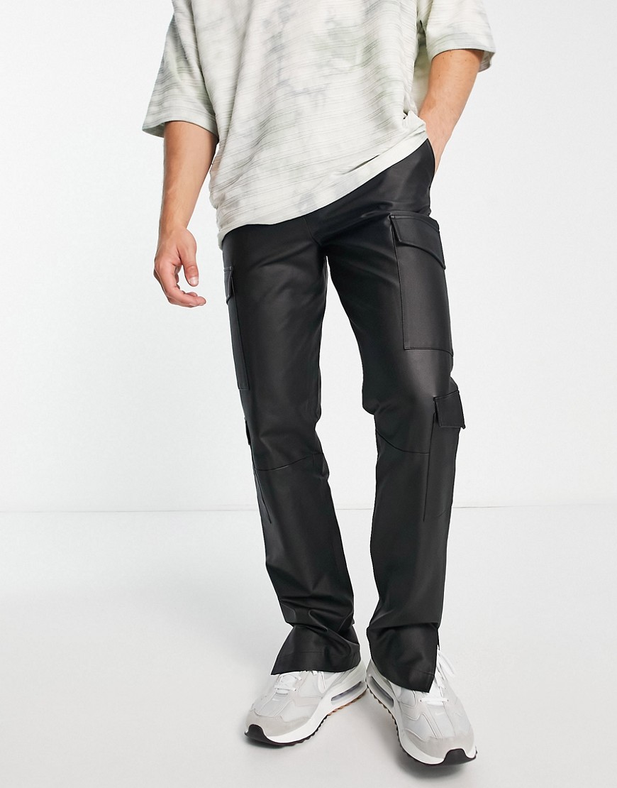 Topman straight faux leather cargo pants in black