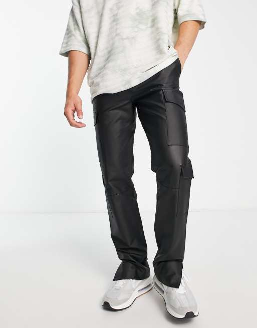 Topman straight faux leather cargo pants in black ASOS
