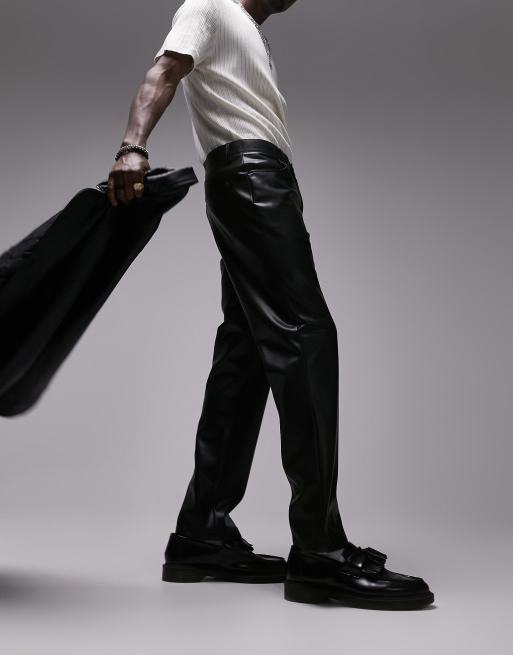 Topman straight faux leather pants in black