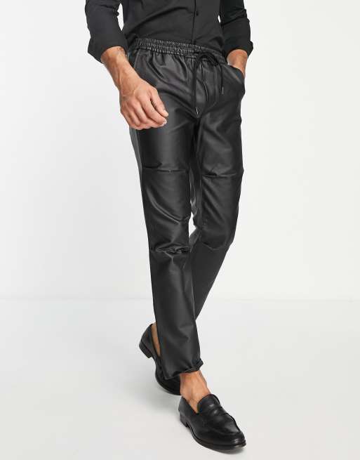 Elastic Waist Men Cargo Leather Pants