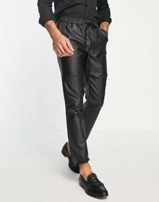 Topman straight faux leather trousers with seam detail  in black