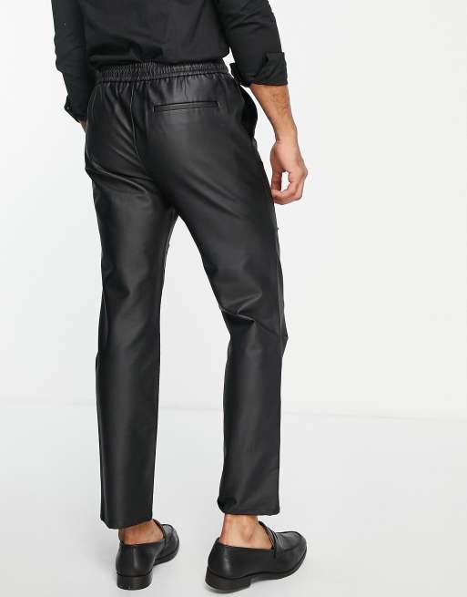 Topman straight faux leather trousers with seam detail  in black, 2 of 4