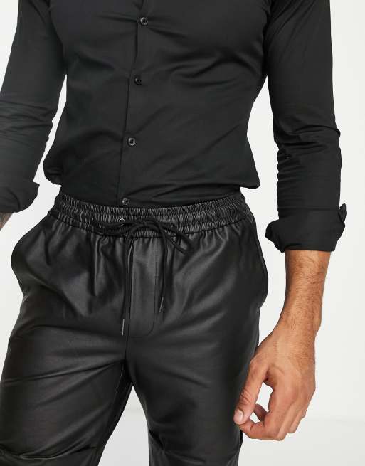 Topman straight faux leather trousers with seam detail  in black, 3 of 4