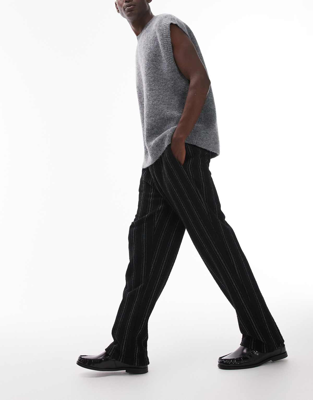 Topman straight fit jogger with textured stripe in black