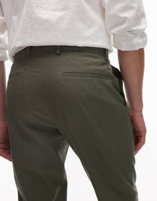 Topman Straight Fit Linen Blend Suit Pants In Green