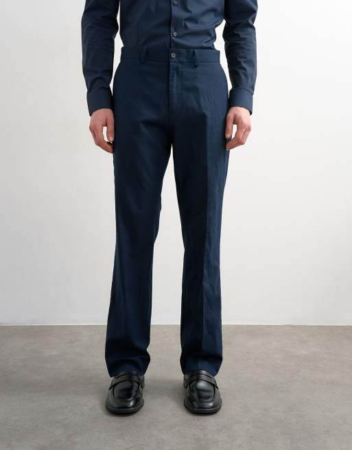 Topman straight fit linen rich trousers in navy, 2 of 5