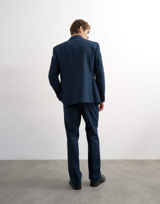 Topman straight fit linen rich trousers in navy, 3 of 5