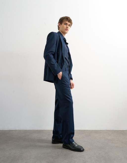 Topman straight fit linen rich trousers in navy, 4 of 5